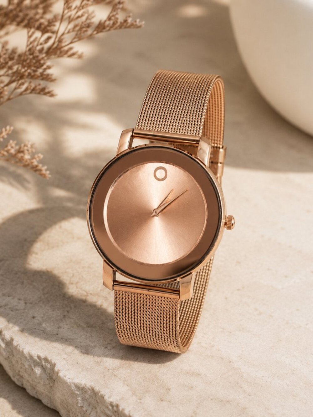 Minimalist Rose Gold Mesh Band Watch Sunburst Dial Modern Elegant Style